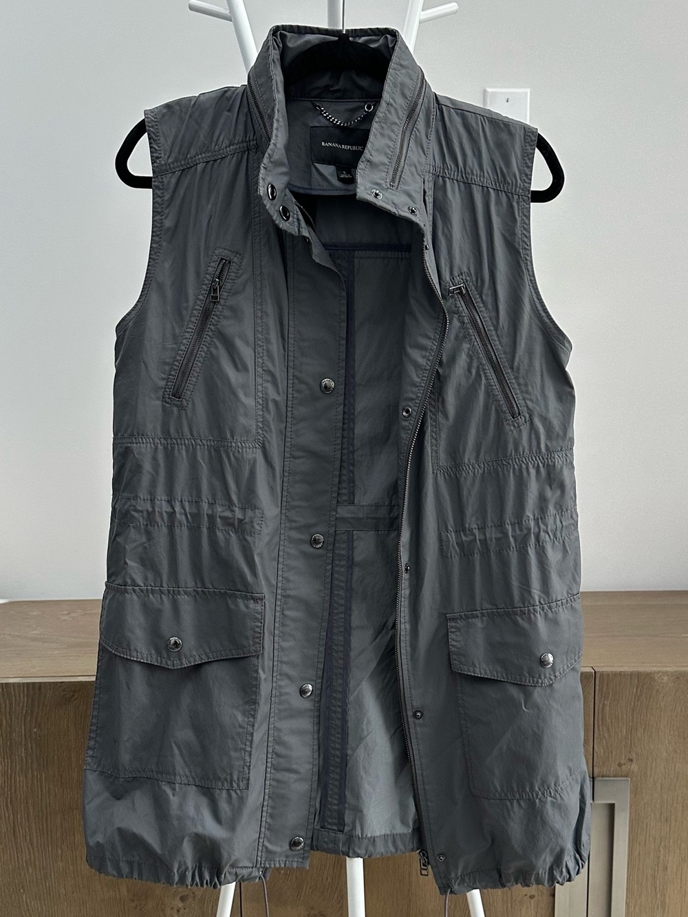 Banana Republic Long Gray Utility Vest with Drawcord Details